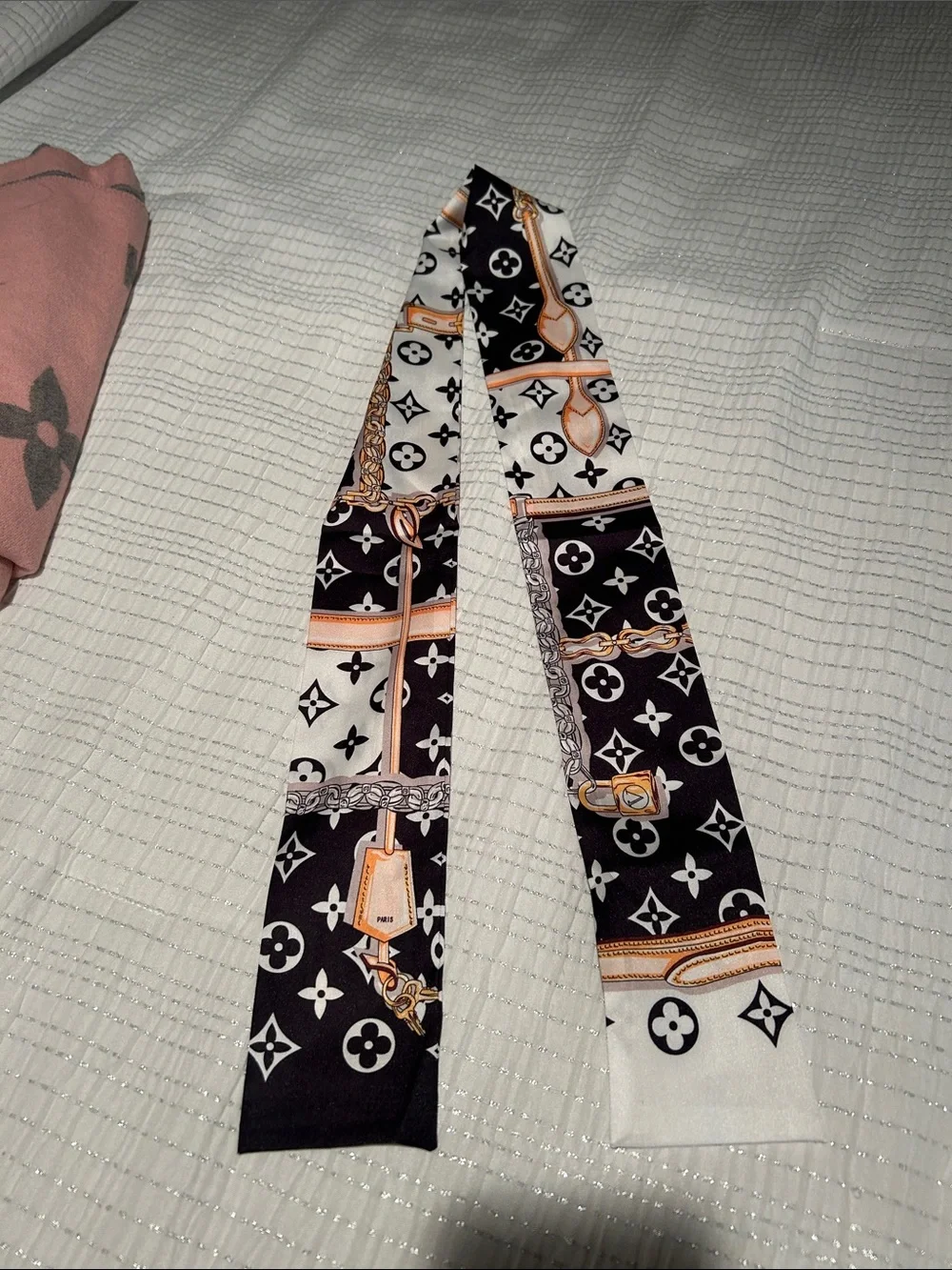 Luxury-Inspired Black & White Printed Silk Scarf Tie